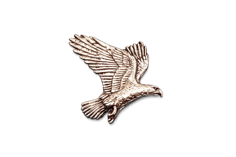 Detailed handcrafted pewter Eagle in Flight pin badge featuring an eagle with fully spread wings, butterfly clutch fastening and fine feather detailing.