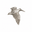 Handcrafted pewter Flying Woodcock pin badge featuring a British woodland game bird in flight.
