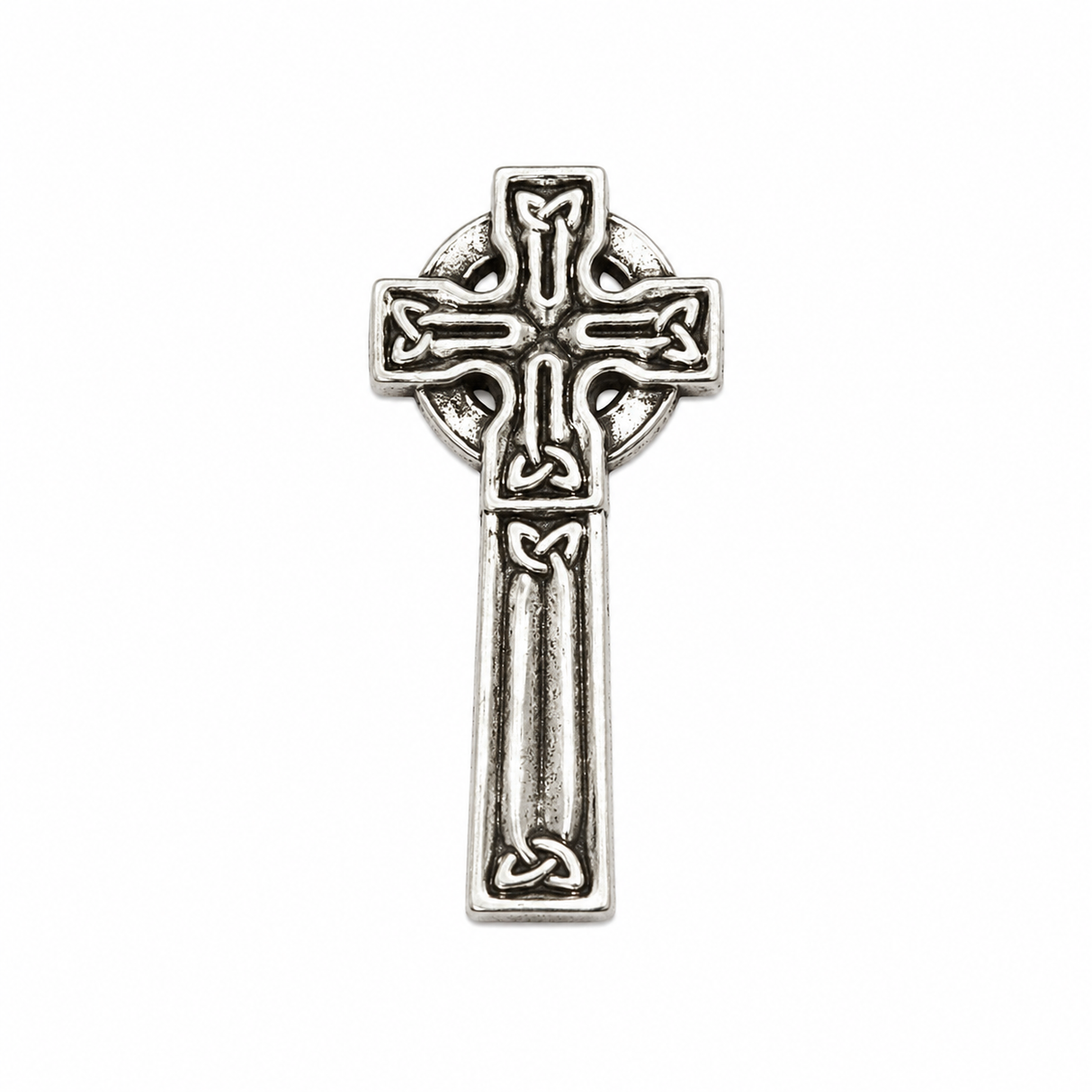Pewter Celtic Cross pin badge with traditional Celtic knotwork design