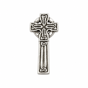 Pewter Celtic Cross pin badge with traditional Celtic knotwork design