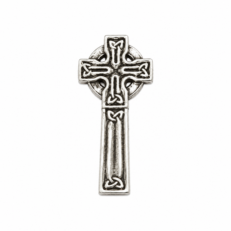 Pewter Celtic Cross pin badge with traditional Celtic knotwork design