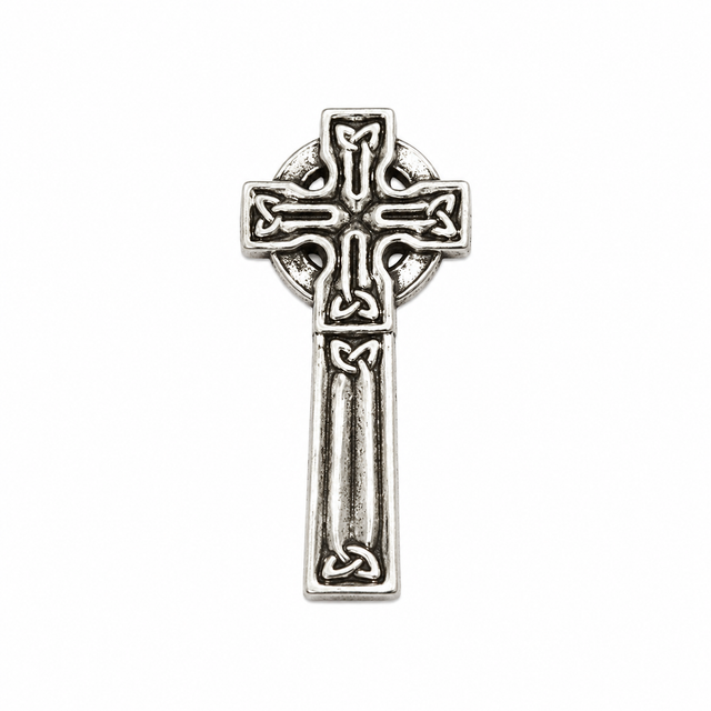 Pewter Celtic Cross pin badge with traditional Celtic knotwork design