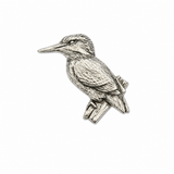 Handcrafted pewter kingfisher pin badge perched on a branch with detailed feathers