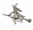 Pewter witch flying on broomstick pin badge with pointed hat and cloak