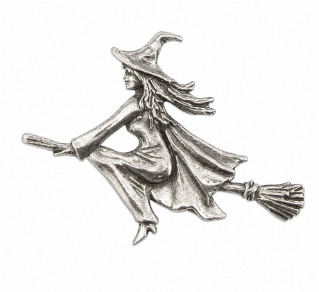 Pewter witch flying on broomstick pin badge with pointed hat and cloak