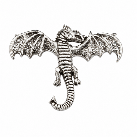 Pewter winged dragon pin badge with spread wings and curled tail