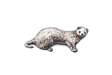 Detailed pewter ferret pin badge with butterfly clutch fastening on a white background.
