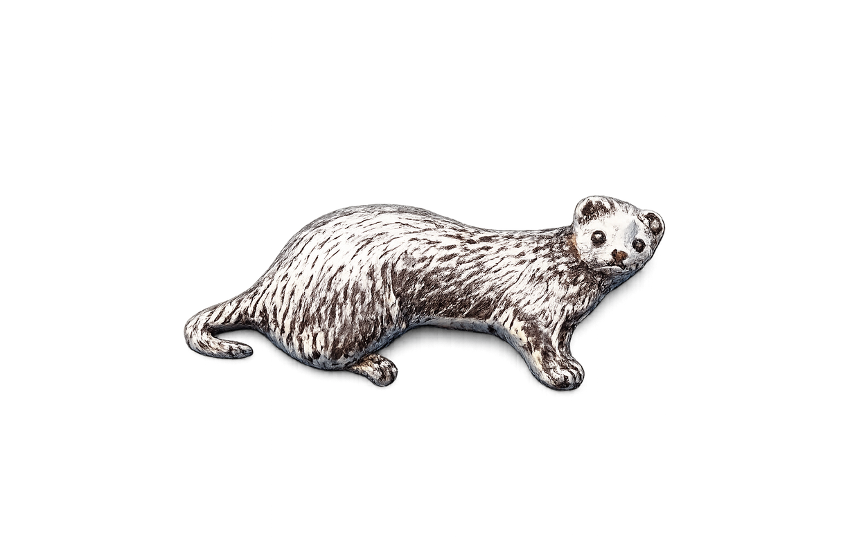 Detailed pewter ferret pin badge with butterfly clutch fastening on a white background.