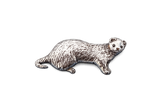 Detailed pewter ferret pin badge with butterfly clutch fastening on a white background.