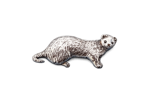 Detailed pewter ferret pin badge with butterfly clutch fastening on a white background.