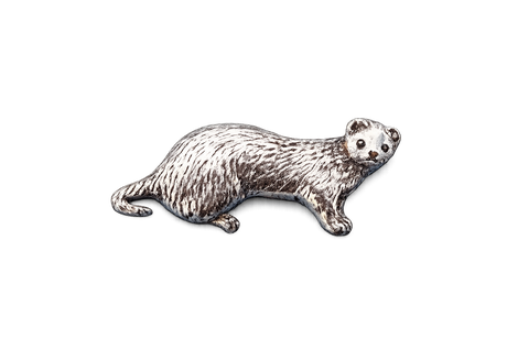 Detailed pewter ferret pin badge with butterfly clutch fastening on a white background.