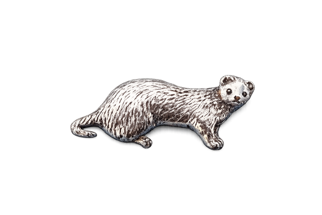 Detailed pewter ferret pin badge with butterfly clutch fastening on a white background.