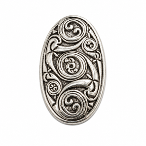 Pewter Celtic shield pin badge with traditional spiral and triskele design