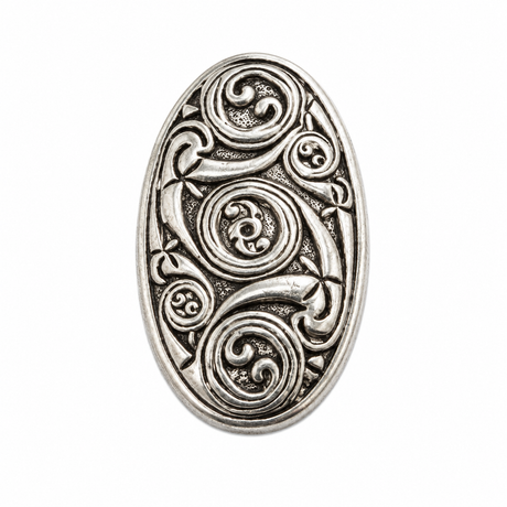 Pewter Celtic shield pin badge with traditional spiral and triskele design