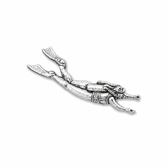 Pewter female scuba diver pin badge swimming with air tank mask and fins