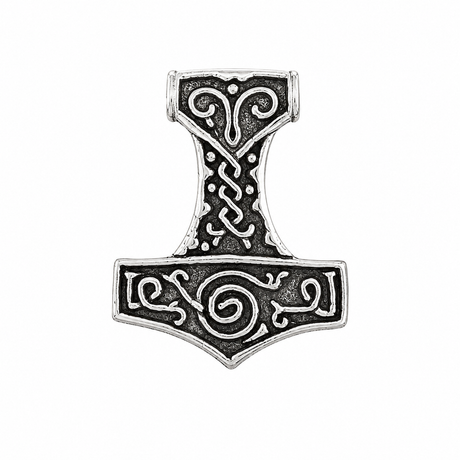 Thor's Hammer Mjolnir pewter pin badge with Viking Norse decoration
