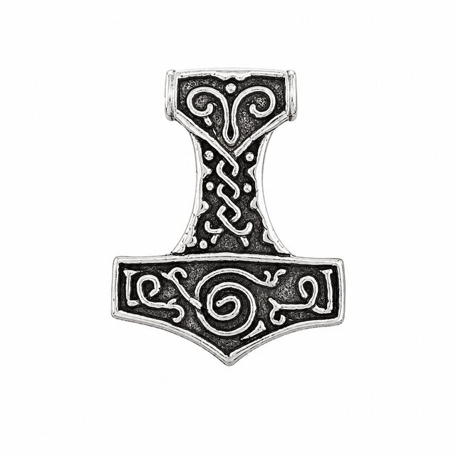 Thor's Hammer Mjolnir pewter pin badge with Viking Norse decoration