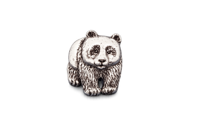 Detailed pewter Panda bear pin badge with butterfly clutch fastening on a white background.