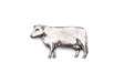 Detailed pewter dairy cow pin badge with butterfly clutch fastening on a white background.