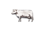 Detailed pewter dairy cow pin badge with butterfly clutch fastening on a white background.