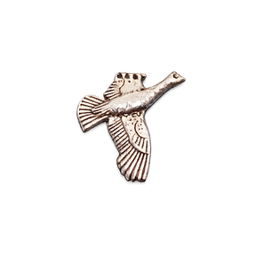 Handcrafted pewter Flying Grouse pin badge featuring a British game bird in flight.