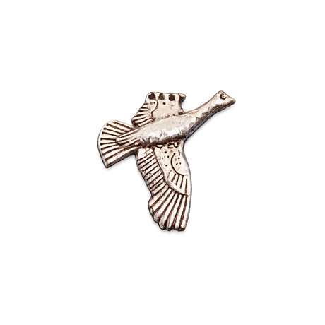 Handcrafted pewter Flying Grouse pin badge featuring a British game bird in flight.