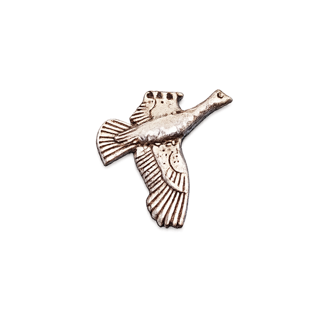Handcrafted pewter Flying Grouse pin badge featuring a British game bird in flight.