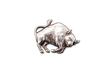 Handcrafted pewter bull pin badge featuring a detailed farm animal design with butterfly clutch fastening on a white background.