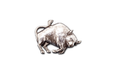 Handcrafted pewter bull pin badge featuring a detailed farm animal design with butterfly clutch fastening on a white background.