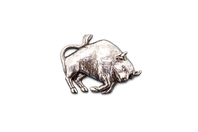 Handcrafted pewter bull pin badge featuring a detailed farm animal design with butterfly clutch fastening on a white background.