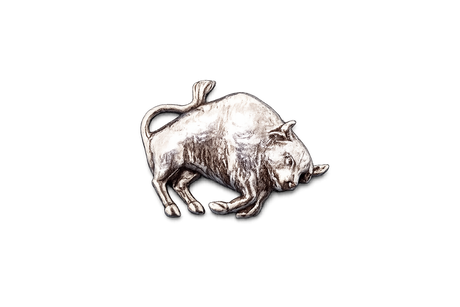 Handcrafted pewter bull pin badge featuring a detailed farm animal design with butterfly clutch fastening on a white background.