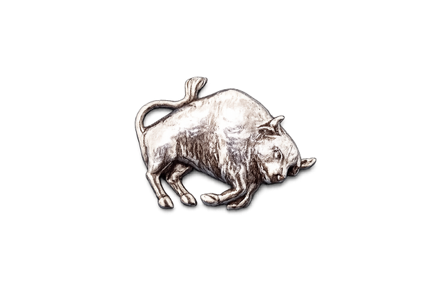 Handcrafted pewter bull pin badge featuring a detailed farm animal design with butterfly clutch fastening on a white background.