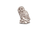 Detailed pewter Tawny Owl pin badge perched on a tree stump with butterfly clutch fastening on a white background.