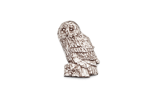 Detailed pewter Tawny Owl pin badge perched on a tree stump with butterfly clutch fastening on a white background.