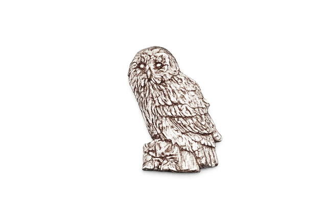 Detailed pewter Tawny Owl pin badge perched on a tree stump with butterfly clutch fastening on a white background.