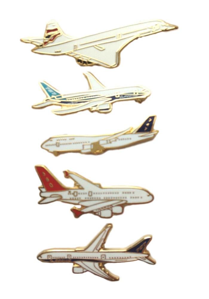Set of 5 Famous Airliners, Concorde, 787, Boeing, Airbus, 747. Enamel Lapel Pins image 0