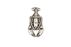 Detailed pewter Lobster pin badge featuring claws, segmented body and tail with butterfly clutch fastening on a white background.