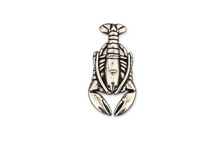 Detailed pewter Lobster pin badge featuring claws, segmented body and tail with butterfly clutch fastening on a white background.