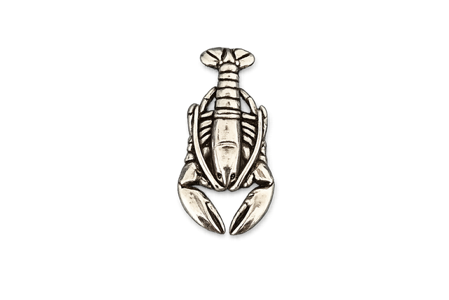 Detailed pewter Lobster pin badge featuring claws, segmented body and tail with butterfly clutch fastening on a white background.