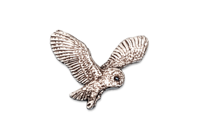 Detailed pewter Owl in Flight pin badge featuring an owl with fully spread wings and butterfly clutch fastening on a white background.