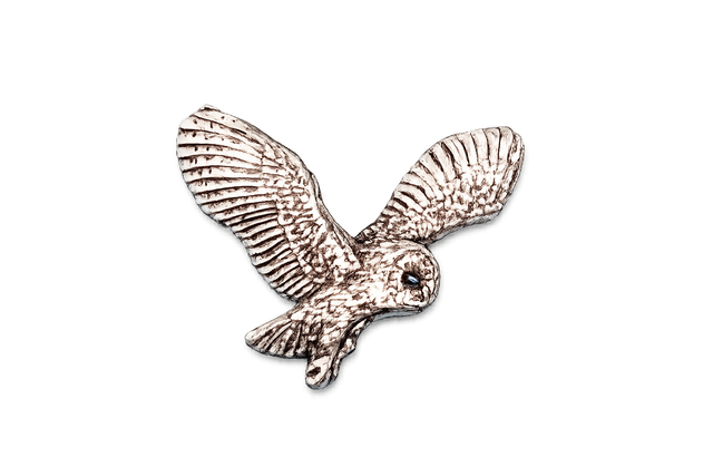 Detailed pewter Owl in Flight pin badge featuring an owl with fully spread wings and butterfly clutch fastening on a white background.