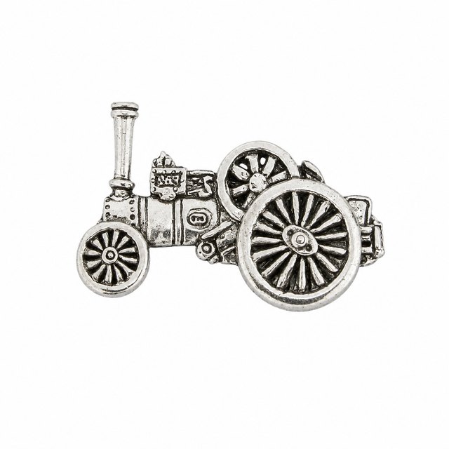 Pewter vintage steam traction engine lapel pin badge with spoked wheels