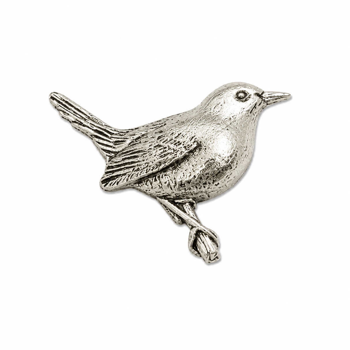 Handcrafted pewter wren pin badge featuring a detailed British garden bird perched on a branch