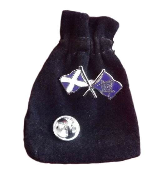 Masonic Crest + Scotland Saltire Enamel Lapel Pin Badge with Black Velvet Pouch image 0