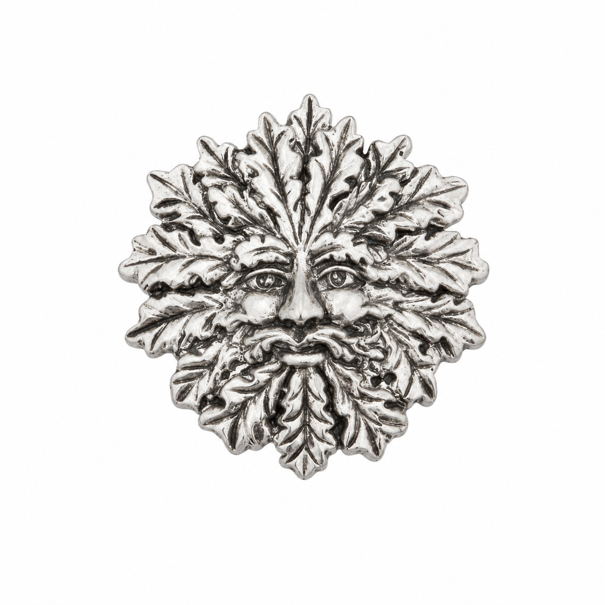 Green Man pewter pin badge with traditional leafy foliate face
