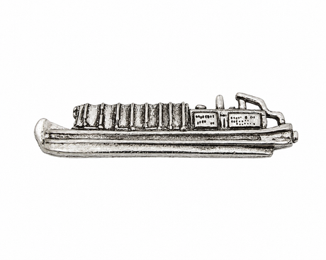 Pewter traditional canal narrowboat lapel pin badge with detailed cabin and hull