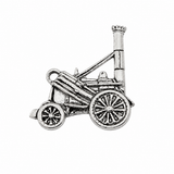 Pewter Stephenson's Rocket steam locomotive lapel pin badge with tall chimney and large wheels