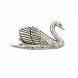 Handcrafted pewter swan pin badge with raised wings and detailed feather design