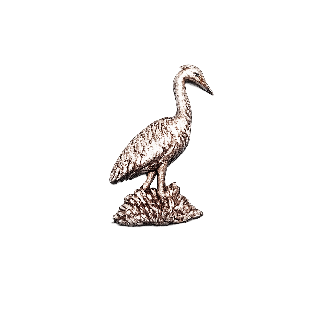 Handcrafted pewter heron pin badge featuring a detailed British wading bird standing in reeds.