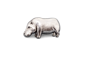 Detailed pewter Hippopotamus (Hippo) pin badge with butterfly clutch fastening on a white background.